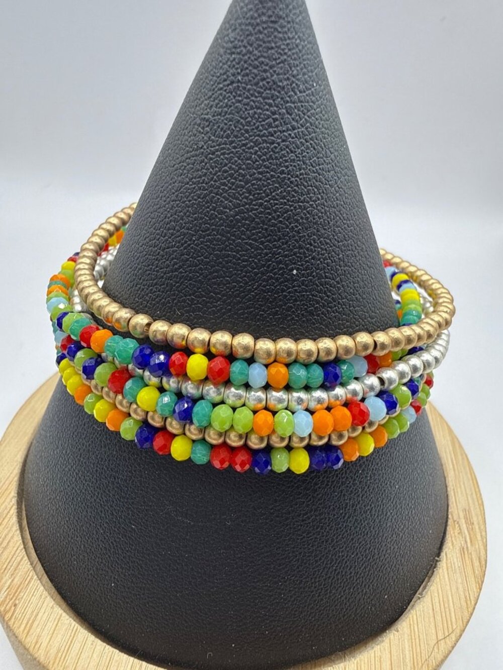 Boho Rainbow Multi Strand Beaded Cuff Bracelet Gold Silver Magnetic Clasp